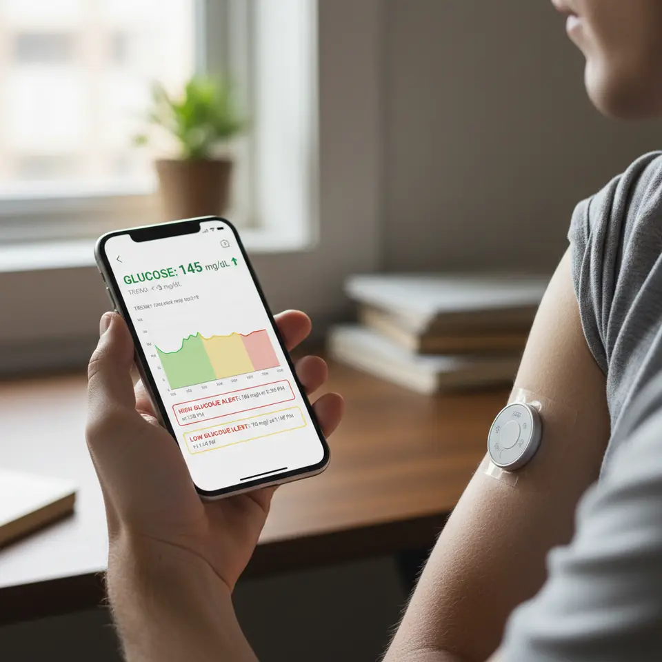 Continuous Glucose Monitoring in action: close-up of a CGM sensor on a person’s arm paired with a smartphone screen showing real-time glucose trend graphs and high/low alerts in a clean, digital dashboard style