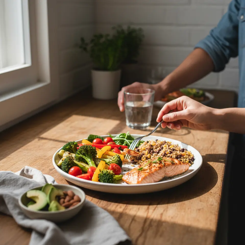Balanced Plate Method meal planning: overhead view of a plate divided into half colorful non-starchy vegetables, a quarter lean protein (e.g., grilled fish or chicken), and a quarter whole-grain carbohydrates, with a small side of healthy fats like avocado slices or nuts on a minimalist background