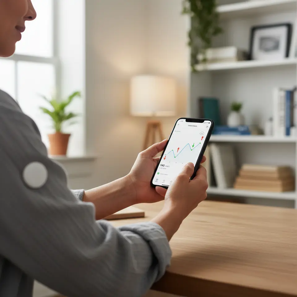 A close-up scene of a person’s arm wearing a continuous glucose monitoring (CGM) sensor, wirelessly connected to a smartphone displaying a real-time glucose trend graph with arrows indicating rising and falling levels, a cloud icon for data sync, and subtle healthcare app interface elements in the background.