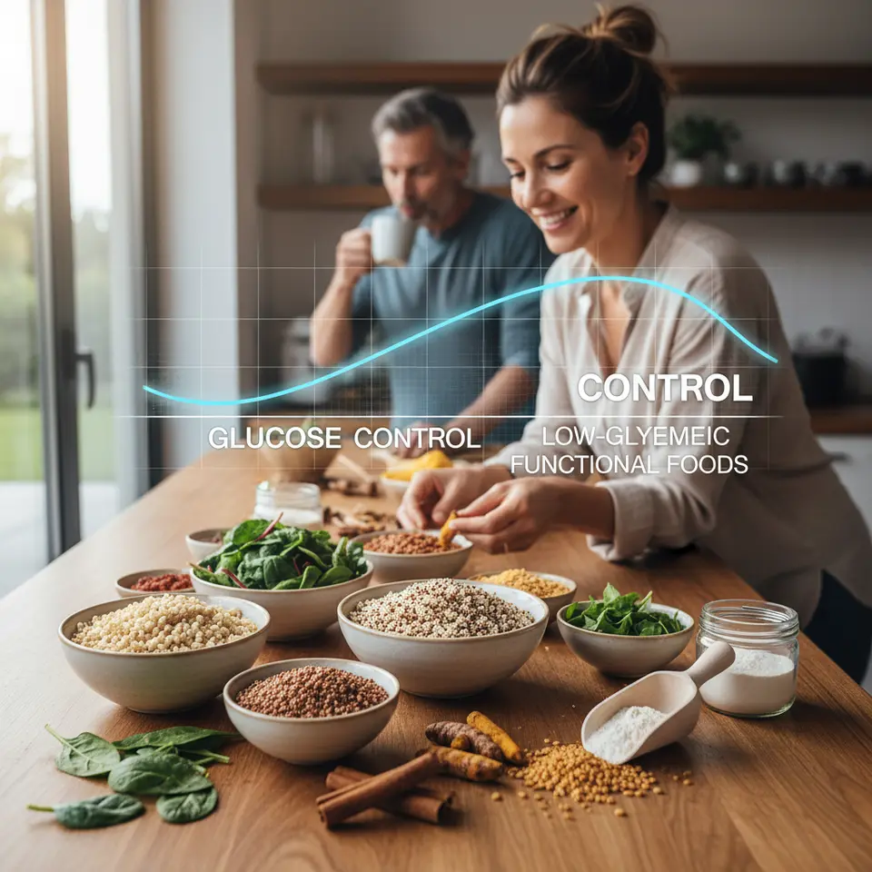 A vibrant kitchen countertop spread featuring low-glycemic and functional foods: bowls of barley, quinoa, lentils, leafy greens, cinnamon sticks, turmeric root, fenugreek seeds, and psyllium husk powder, overlaid with a smooth blood sugar curve graph highlighting stable glucose control.